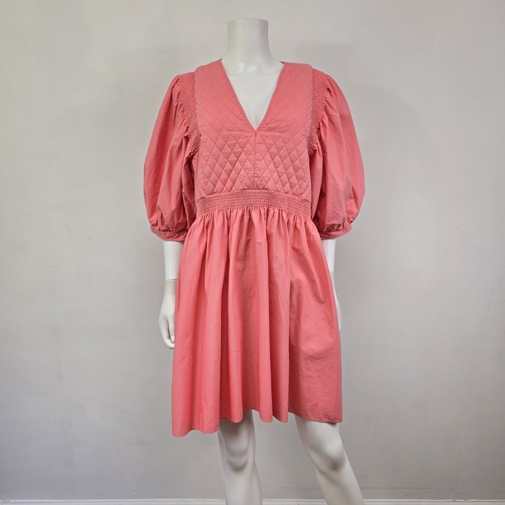 Hunter Bell Dixon Quilted Dress Coral Pink Puff Sleeve Mini Size L NWT *Flaw
